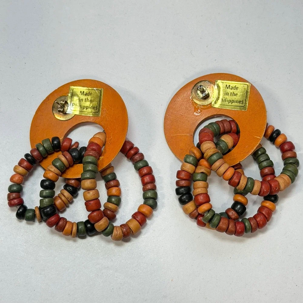 Vintage Philippines Orange Wood Beaded Boho Statement Pierced Earrings